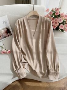 SHEIN Frenchy Plus Size Women Elegant Casual Solid Color Long Sleeve Blouse - Apricot - View 1