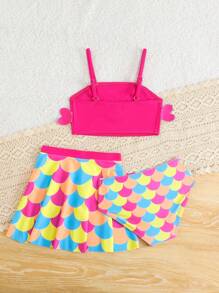 Young Girl Fish Detail Strap & Fish Scale Print Bottom Swimwear Set - Multicolor - View 4