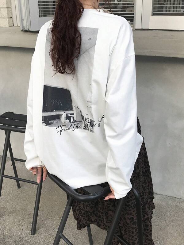 FRIFUL Women Loose Fit White Graphic Long Sleeve T-Shirt, Spring