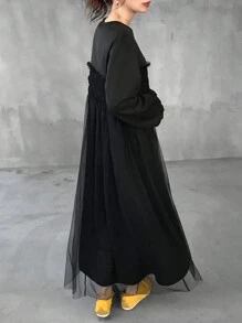 FRIFUL Women's Black Solid Color Waist Cinching Dress With Mesh Splice, Spring,Casual Women Dresses