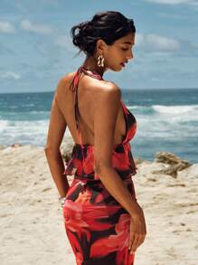 Opulessa Top donna con orlo a balze, effetto Tintura a nodi e rete, ideale per le vacanze - Rosa Rossa - Visualizzare 1