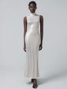 GENKIRA Minimalist Sexy Mermaid Shiny Collared Waisted Bodycon Fish Tail Dress For Women, Sleeveless - White - View 6