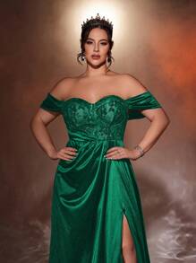 Glamrae Vestido de noche formal de estilo poppy, de gasa transparente, con encaje, parches, hombros descubiertos, elástico, abertura alta y torsión, ideal para invitados de boda o fiesta, talla grande - Verde Oscuro - Ver 5