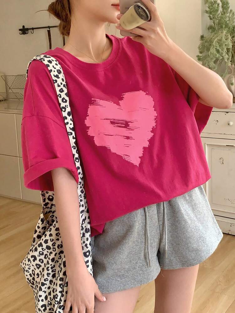 Women's Heart Print Loose Round Neck Casual Short Sleeve T-Shirt,Graphic Tees