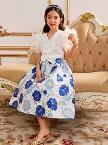 Tween Girls' Floral Jacquard Patchwork Fluffy Double-Breasted Dress - Blue - View 4