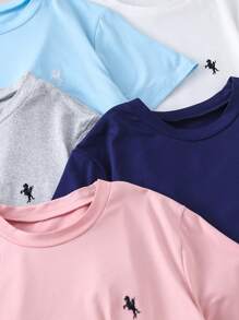 SHEIN 5 件男童刺绣短袖圆领 T 恤，颜色：海军蓝、粉色、白色、灰色、浅蓝色