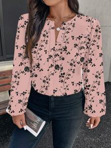 Reflora 大码花卉图案休闲优雅圆领长袖衬衫，适合春秋季节