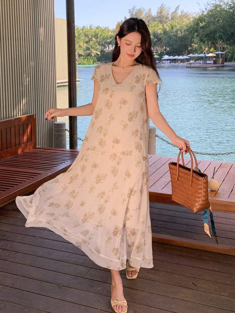 Plant Print A-Line Mini Dress With V-Neck And Flared Hem, Casual Vacation Style Maxi Dress Boho