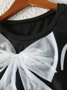 Tween Girl Casual Round Neck Short Sleeve T-Shirt, Bow & Heart Letter Print, Versatile Summer Top