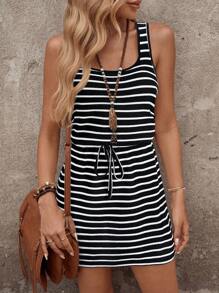 SHEIN LUNE Women's Casual Striped Waffle Knit Sleeveless Mini Dress, Basic Lace-Up Outfit For Daily Outings, Spring/Summer,Summer Dresses
Spring Clothes - Black and White - View 6