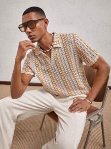 AKNOTIC Party 男士条纹针织提花宽松版型 Polo 衫，适合日常休闲穿着、春夏、假日 - 彩色 - 查看 1