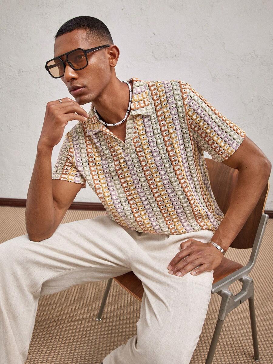 AKNOTIC Party 男士条纹针织提花宽松版型 Polo 衫，适合日常休闲穿着、春夏、假日 - 彩色 - 查看 1