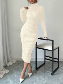 SHEIN Unity High Neck Fitted Knit Sweater Dress, Casual Solid Color, Autumn/Winter - Apricot - View 6