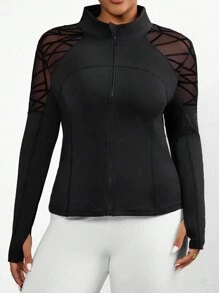 SHEIN Sport Studio Plus Size Branch & Mesh Contrast Thermische Gevoerde Lange Mouw Jas, Sportieve Stijl Voor Herfst/Winter