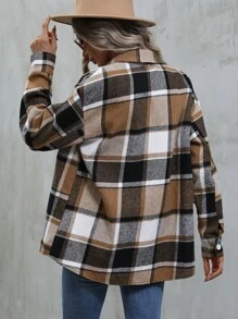 SHEIN LUNE Camisa de manga larga con cuello a cuadros en color caqui, casual y para uso diario