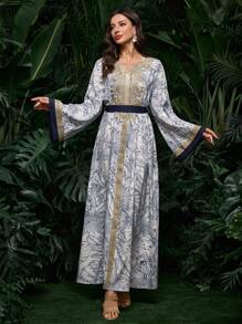 Al Najma 中东迪拜风情宽腰印花长袍连衣裙 - 藍色 - 查看 6