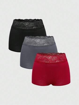 4er Pack Basic Strick & Spitzenbesatz bequeme Bikini Höschen