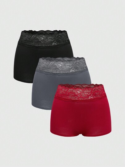 4pcs Pack Basic Knit & Lace Trim Comfortable Bikini Panties