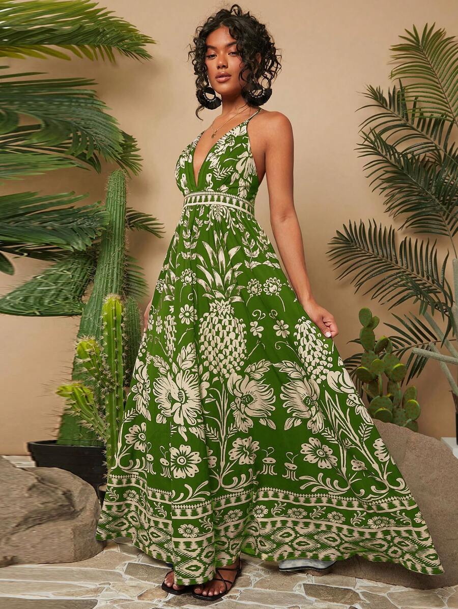 Travachic Robe de vacances pour femmes avec encolure en V, imprimée, taille marquée et ourlet évasé - Vert - Voir 1