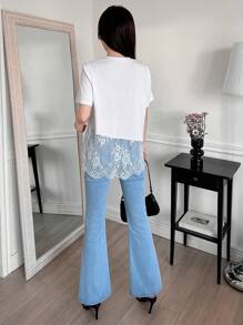 DAZY 休闲纯色蕾丝拼接宽松女式 T 恤 - 白色 - 查看 2