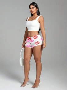 Zolique Casual Sports Vacation Valentine's Day Sexy Red Lips Print And Bow Design Women's Mini Shorts