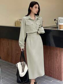 DAZY 2 件套女士纯色宽松衬衫和 A 字裙套装，荷叶边，秋季女装