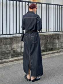 FRIFUL 女式短袖纽扣休闲牛仔衬衫裙太阳裙，返校服 - 藍色 - 查看 3