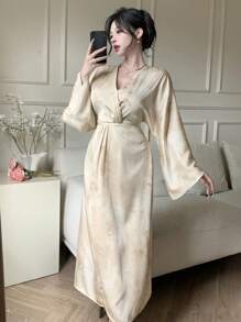 DAZY Women's V-Neck Splice Flare Sleeve Midi Dress, Watercolor Print, Apricot, Spring/Summer Fall,Winter - Apricot - View 5