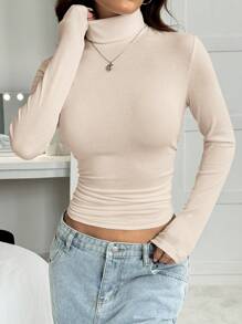 CovetEZ 杏色高领女式长袖修身 T 恤 - 杏色 - 查看 6