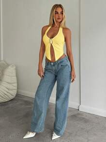 Aloruh Women's Y2K Solid Color Split Hem Sexy Halter Neck Camisole