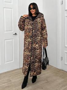 SHEIN Oversize Two-Faced Leopar And Black Long Overcoat