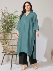 Mulvari 2 件大码女式套装，纯色翻领 3/4 袖上衣和阔腿裤