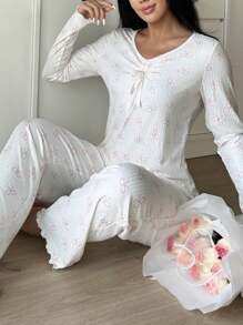 SweetSlumber Cute Allover Bow Print Women Pajama Set , Fall Winter Clothes Cozy And Elegant Details - White - View 4