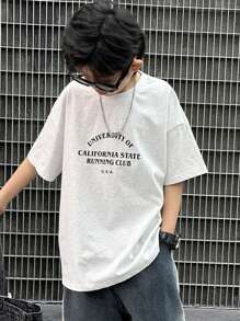 Dazy Kids 青少年男孩标语印花宽松落肩 T 恤，返校服 - 灰色 - 查看 1