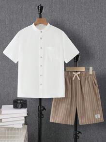 SHEIN 2 piezas Camisa con bolsillo parche y Pantalones cortos con cordón a rayas verticales para adolescentes; Ropa de primavera; Ropa para niños adolescentes; Chaquetas para adolescentes, primavera de vuelta al colegio