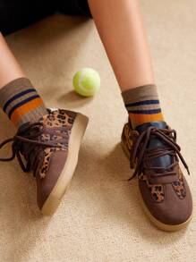 CUCCOO EASI Women's Leopard Print Patchwork Casual Sneakers Spring Shoes Easter Trainers - Brown - View 5