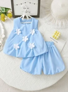 SHEIN 2 pièces/Set Top à volants sans manches avec décor floral 3D et short lanternes pour jeune fille, été - Bleu azur - Voir 7