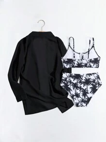 SHEIN Tween Girl Palm Tree Print Casual Bikini Set With Long Sleeve Kimono Cover-Up - Black and White - View 2