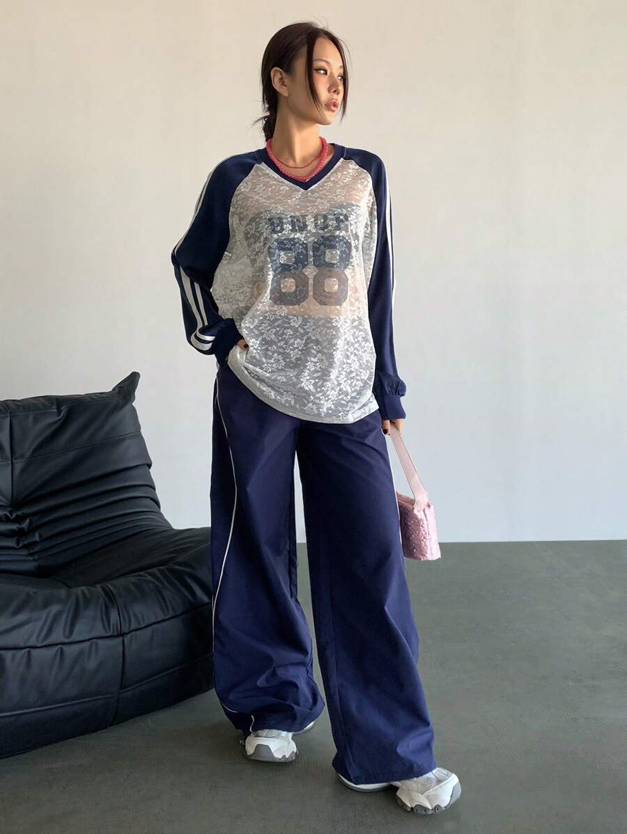 TrendSteals Women Oversized Streetwear Lace Color Blocking T-Shirt, Spring/Autumn Fall Cloth For Women - White - View 1