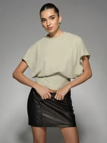 MISSGUIDED 纹理收腰短款 T 恤精致休闲晚会俱乐部衬衫蝙蝠袖夏季春季时尚上衣 - 綠色 - 查看 7