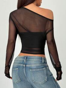 EgrlEra 女式黑色网眼透明褶皱修身长袖短款上衣，时尚简约休闲优雅性感设计，适合度假、街头装、日常穿着、春夏 - 黑色 - 查看 2