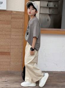 DAZY 2pcs Tween Boys Set: Letter Print Round Neck Drop Shoulder Tee And Pants,Back To School Clothes