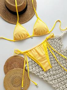 Swim Mod Springbreak 女式 2 件套沙滩装纹理纯色吊带蝴蝶结短款上衣和系带短裤夏季比基尼套装，波西米亚风 - 黃色 - 查看 1