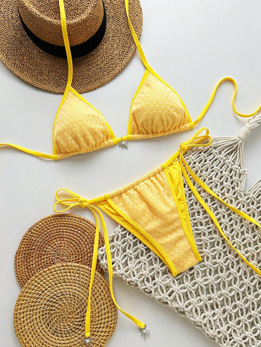 Swim Mod Springbreak 女式 2 件套沙滩装纹理纯色吊带蝴蝶结短款上衣和系带短裤夏季比基尼套装,波西米亚风 - 黃色 - 查看 1