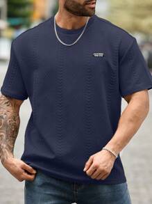 Manfinity Homme 大码男式字母图案短袖休闲 T 恤 - 藏蓝色 - 查看 6