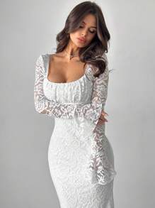 Firerie 女士优雅简约浪漫迷人通勤和日常方领蕾丝褶皱喇叭袖白色紧身中长连衣裙，适合情人节