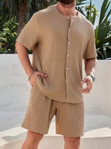 ResortEase Plus Size Men's Plain Textured Short Sleeve Shirt And Shorts Set - Khaki - View 3