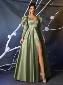 Glamrae Robe de soirée longue élégante en satin à manches ballons, col V en maille, corsage baleines, taille haute évasée. Robe d'invitée de mariage avec fente haute sur le côté, robe de soirée - Vert - Voir 1