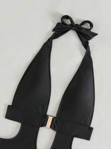 1pc Women's Solid Color Backless Halter One-Piece Swimsuit For Holiday & Beach Summer - Black - View 7