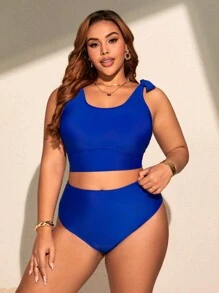 SHEIN Swim Curve Bikini de talla grande para mujer de unicolor con tirantes de mariposa y cintura alta para el verano - azul real - Ver 4